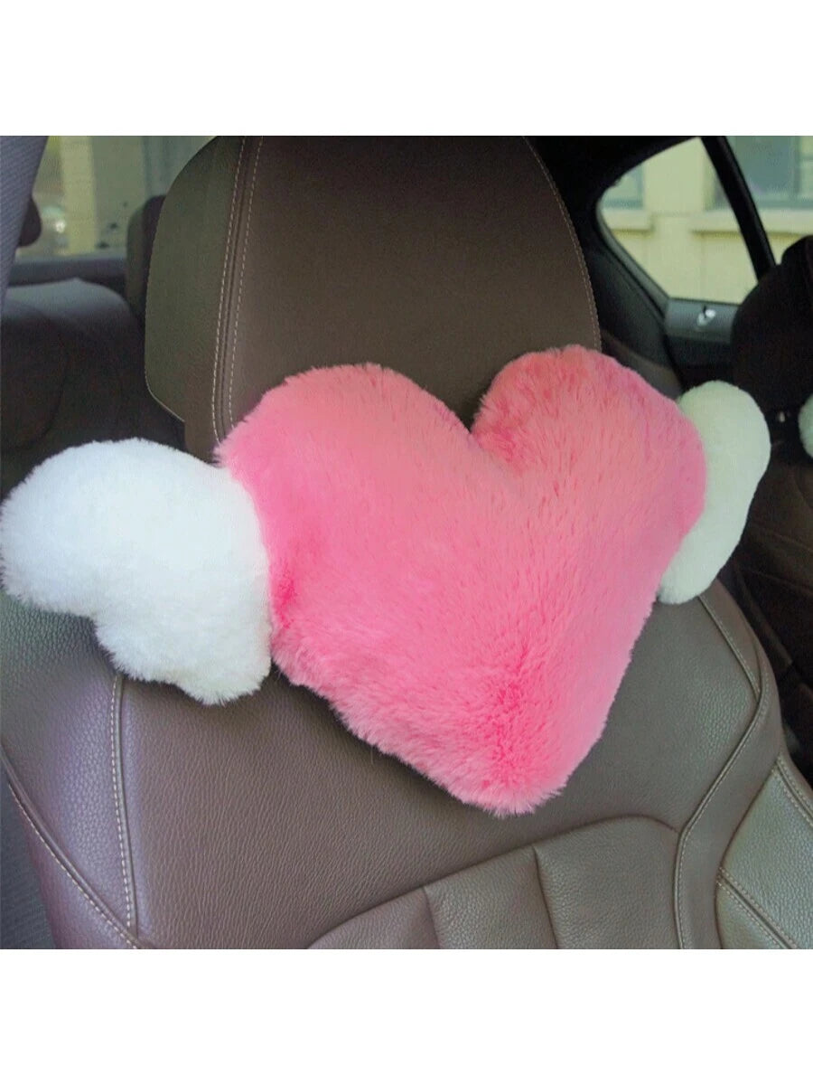 1Pc Car Headrest Pillow, Heart Shaped Plush Neck Support Pillow