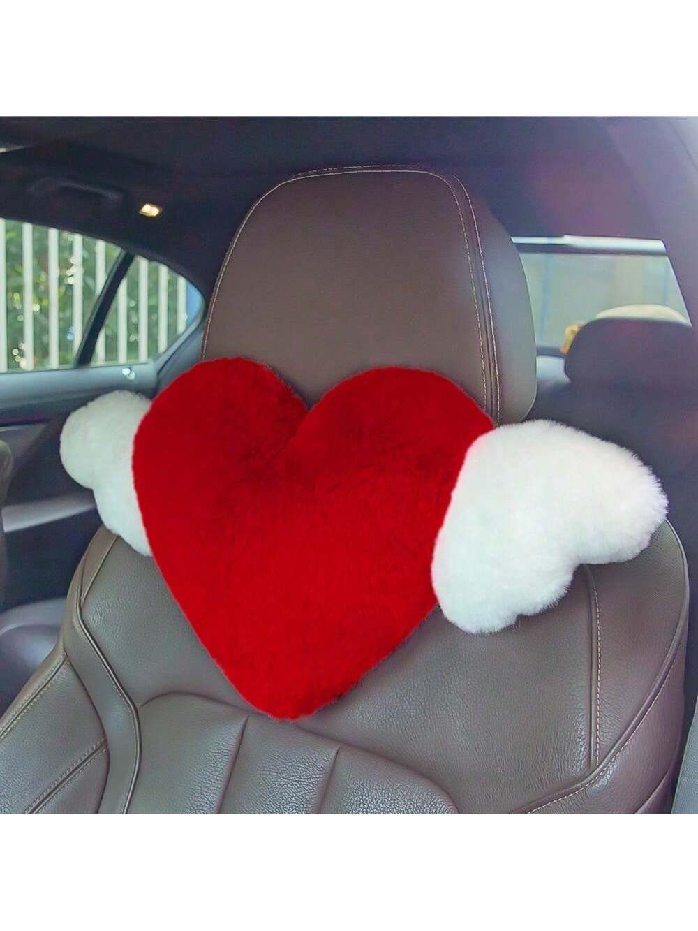 1Pc Car Headrest Pillow, Heart Shaped Plush Neck Support Pillow