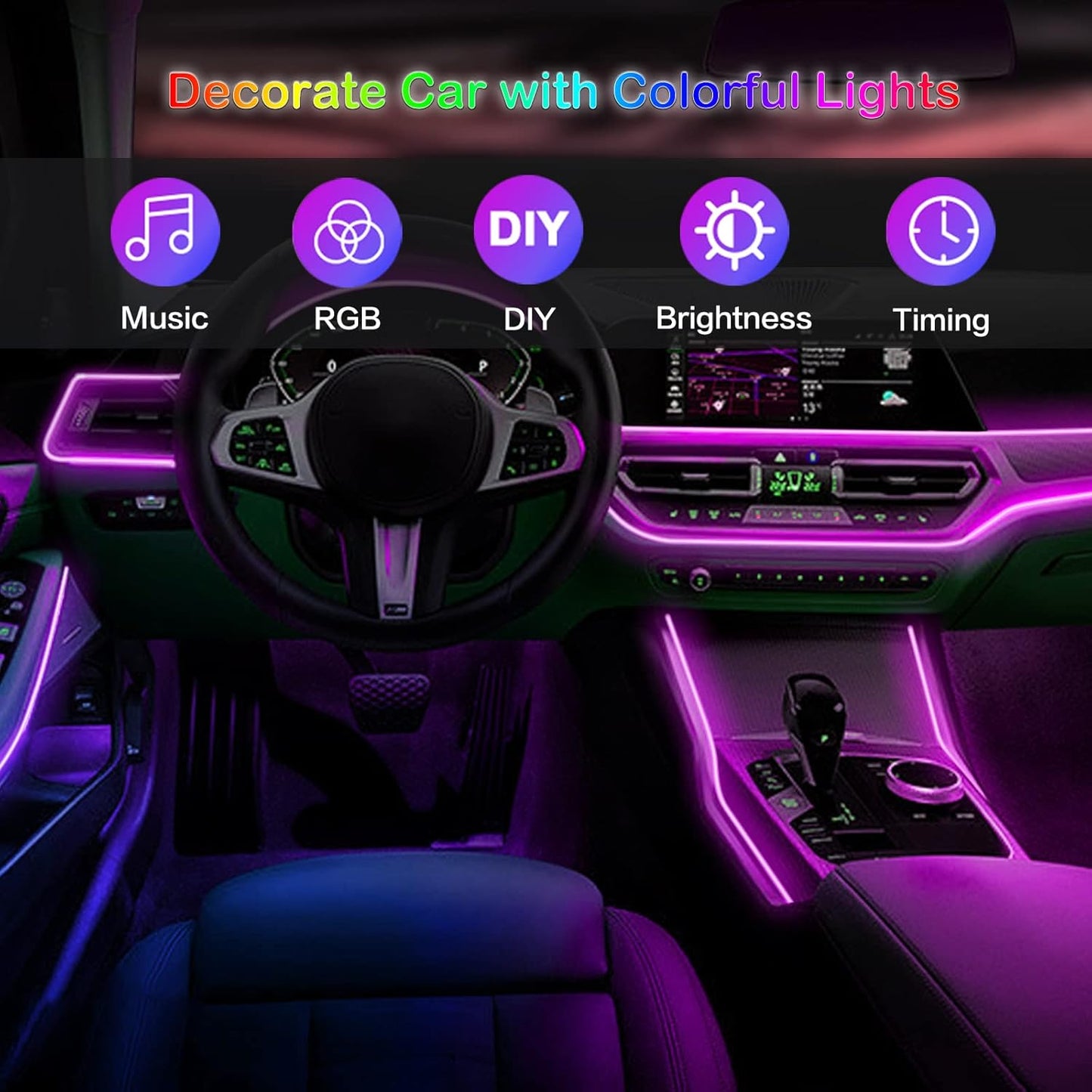 Premium Interior Car LED Strip Lighting Kit with Wireless App and Remote Control, RGB 5-in-1 Ambient Lighting System Featuring 236 Inches of Fiber Optic, 16 Million Color Options, and Music Sync Capability