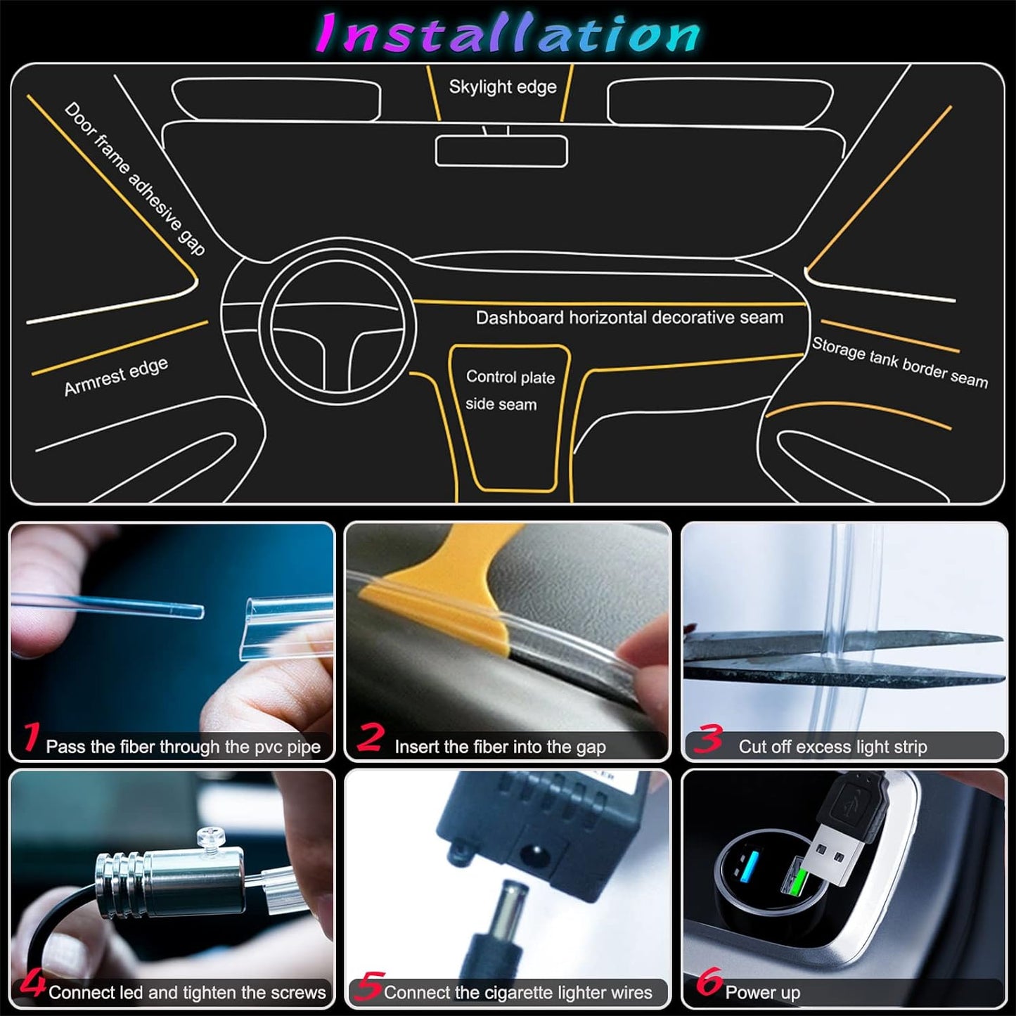 Premium Interior Car LED Strip Lighting Kit with Wireless App and Remote Control, RGB 5-in-1 Ambient Lighting System Featuring 236 Inches of Fiber Optic, 16 Million Color Options, and Music Sync Capability