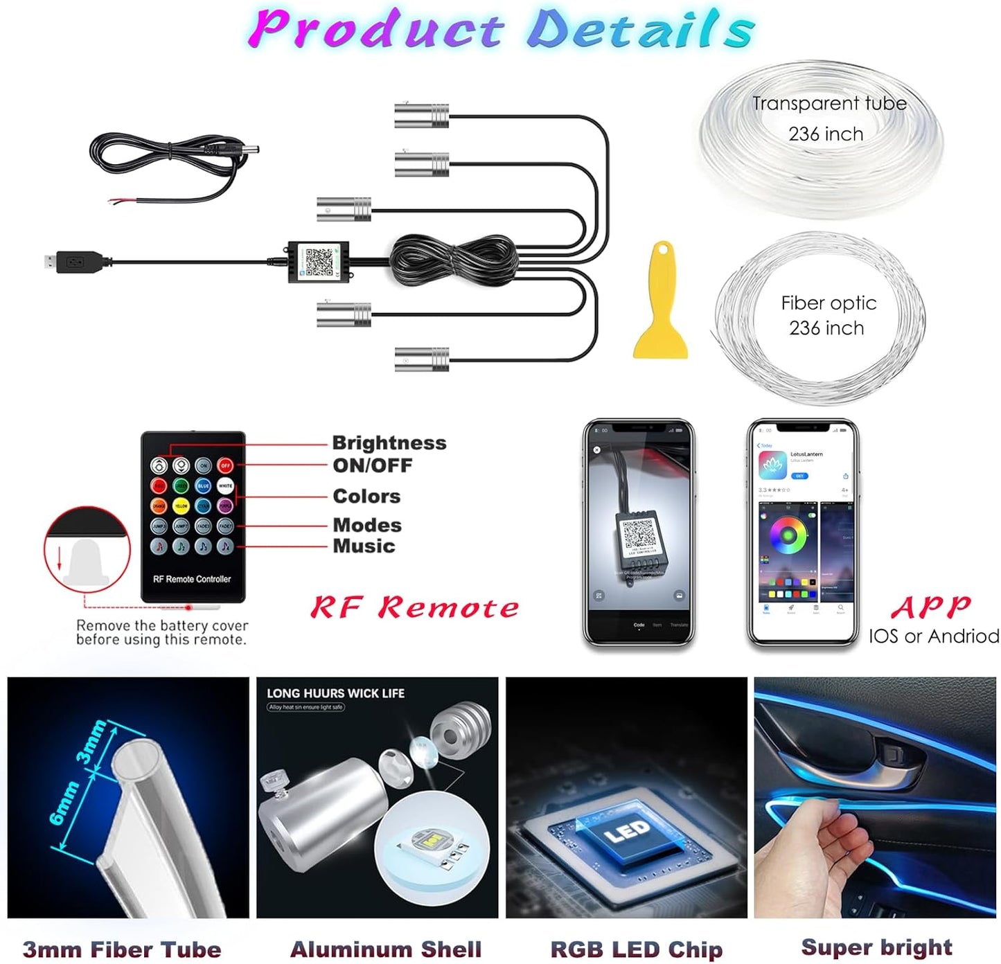 Premium Interior Car LED Strip Lighting Kit with Wireless App and Remote Control, RGB 5-in-1 Ambient Lighting System Featuring 236 Inches of Fiber Optic, 16 Million Color Options, and Music Sync Capability