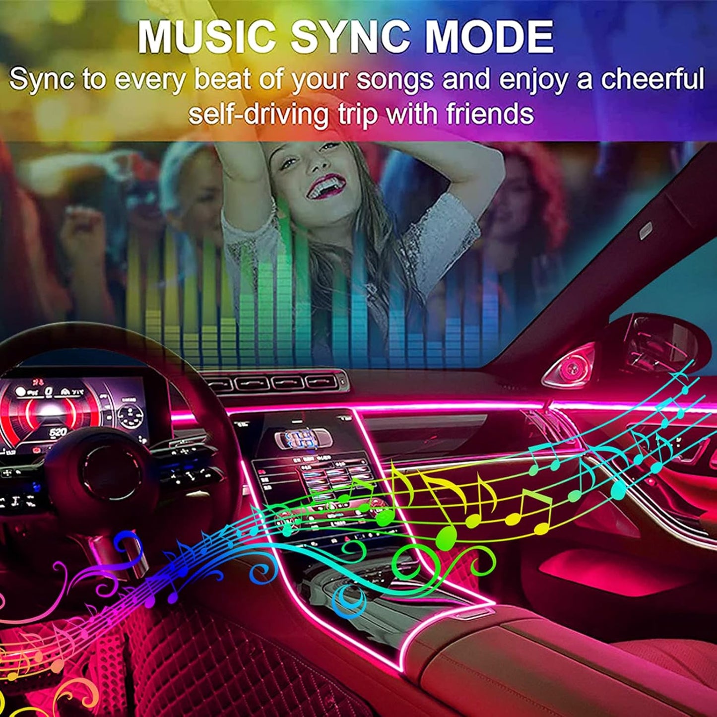 Premium Interior Car LED Strip Lighting Kit with Wireless App and Remote Control, RGB 5-in-1 Ambient Lighting System Featuring 236 Inches of Fiber Optic, 16 Million Color Options, and Music Sync Capability