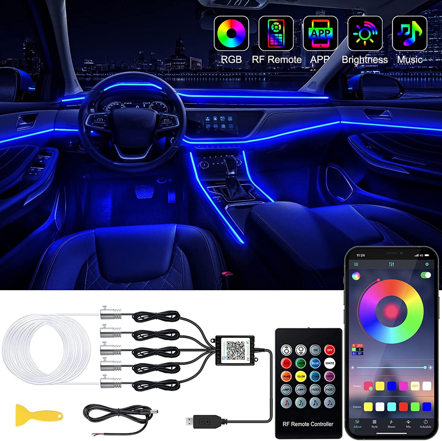 Premium Interior Car LED Strip Lighting Kit with Wireless App and Remote Control, RGB 5-in-1 Ambient Lighting System Featuring 236 Inches of Fiber Optic, 16 Million Color Options, and Music Sync Capability
