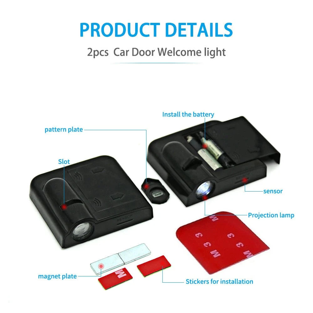 The Branded Rider🏎️: HD Car Welcome Door Light | 2X Set | Black or Carbon Fiber with Distance & Light Sensors | HD Led Projection Car Logo | 3*AAA Power